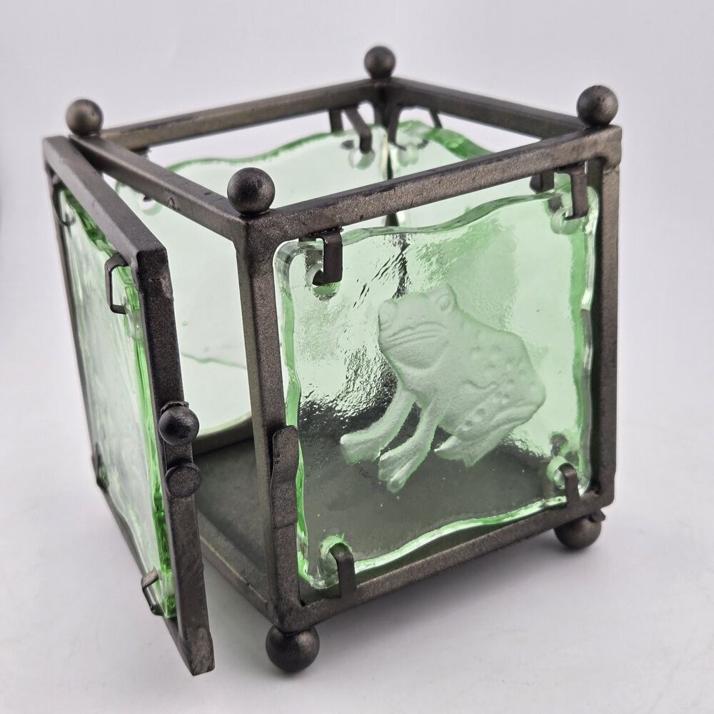 Frog Glass Lantern Heavy Metal Verdigris Green Votive Candle Holder 4" Garden